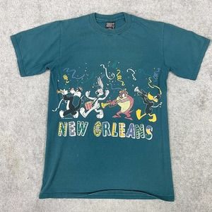 VTG Warner Bros Looney Tunes Shirt Small Green Bugs Bunny Taz New Orleans 90s
